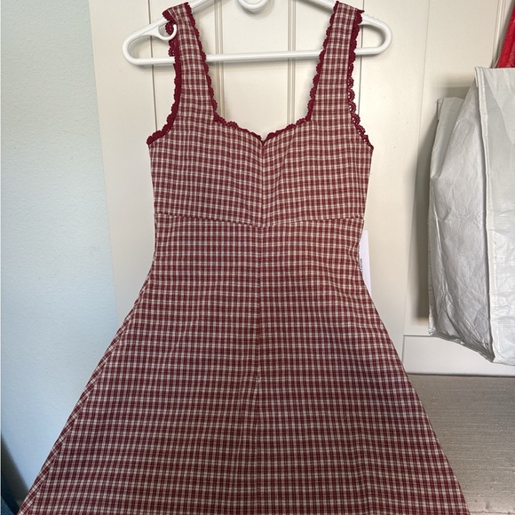 Princess Polly Burgundy and White Checked Square-Neck Mini Dress - Picture 3 of 3